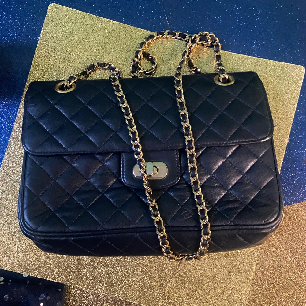 KORET VNTG MIDNIGHT NAVY GOLD QUILTED LEATHER CROSSBODY LUX Bag GORG RARE M - Picture 4 of 15